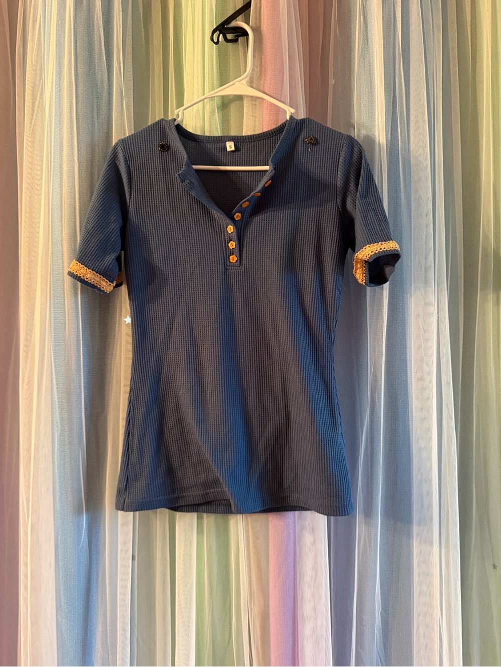 Navy Waffle Knit Henley Top with Contrast Trim